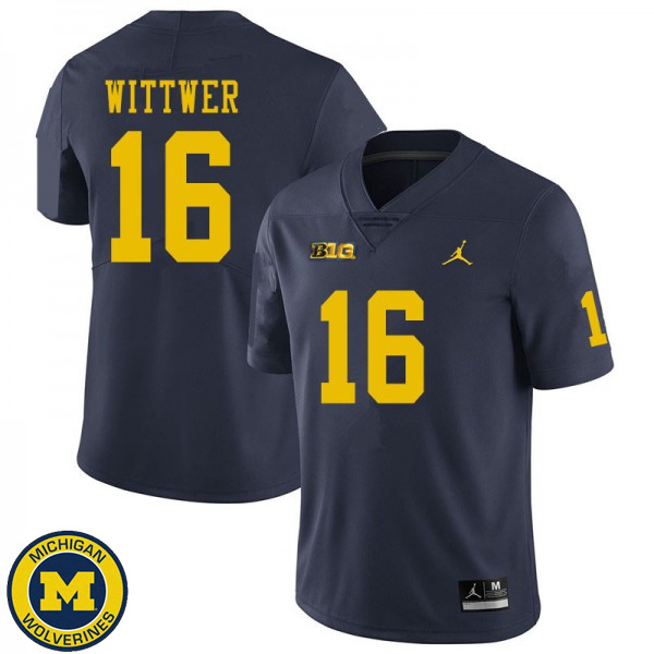 Mens Michigan Wolverines #16 Max Wittwer Navy Official Game Football Jersey